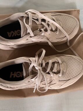 Hoka Beige Suede Lace-Up Sneakers